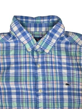 Vineyard Vines Mens Whale Shirt Size M Blue White Plaid Logo Preppy